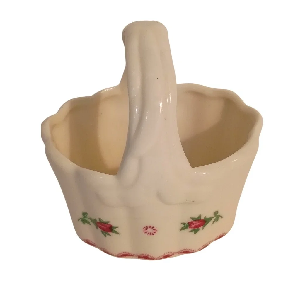 Vintage Ceramic Rosebud Basket Planter Scalloped Candy Dish White Red Floral